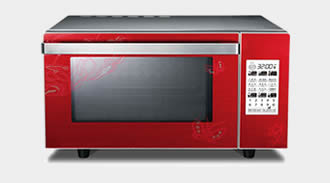 A microwave oven with a red glass door that is printed with beautiful flower by our range of glass printing mesh