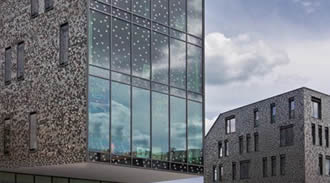 Building glass facades is printed with small white heart-shaped patterns thanks to glass printing mesh.