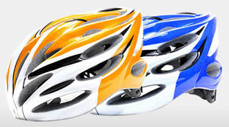 Two bicycle safety helmets are printed in yellow and blue